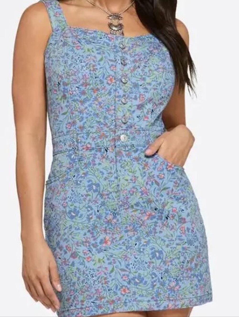 Jessica Simpson Blue Floral Button-Front Denim Dress